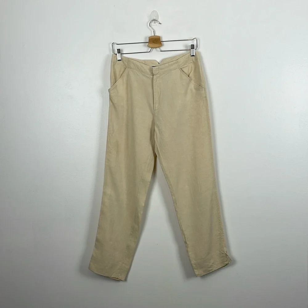 Ralph Lauren Linen Pants Womens 10 Cream Straight Leg 2 Pocket Buckle Back Pants - Picture 1 of 8
